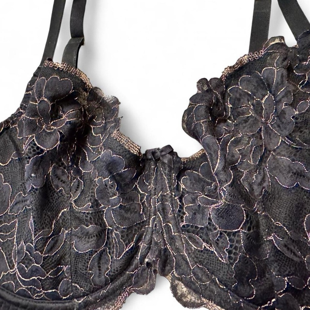 Fredericks of Hollywood Lace Black and Gold Floral Bra with Bow, 38DD